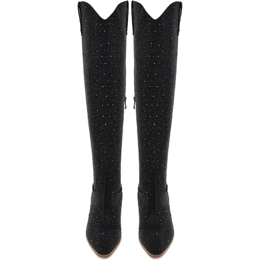 Women Black Faux Leather Sparkly Bling Rhinestone Over the Knee Cowboy Boots